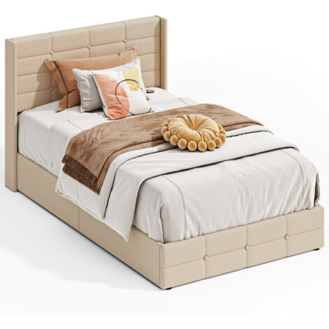 Cama Individual con Almacenaje 120 x 200 cm Bealife con Sistema Hidráulico Cabecero Tapizado Listones de Madera y Estructura Metálica Beige (1/5)