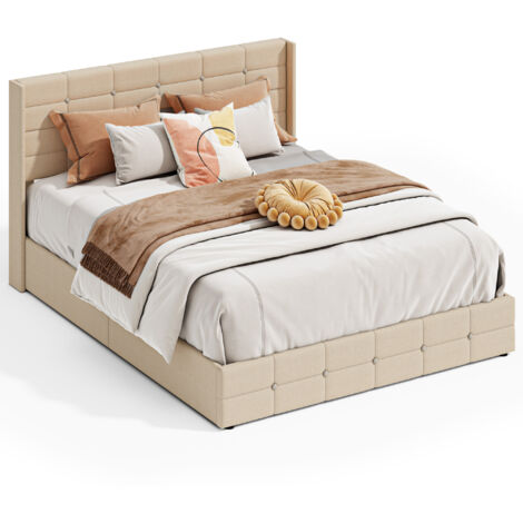 Cama Matrimonio Tapizada 160 x 200 cm Bealife con Canapé Hidráulico Cabecero Láminas de Madera y Estructura de Metal Beige (1/5)