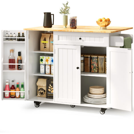 Carrito de Cocina con Ruedas Bealife Carrito de Comida Móvil con Encimera Plegable Incluye 1 Cajón 1 Toallero 1 Especiero 3 Puertas y 3 Estantes 130 x 75 x 88 cm Blanco
