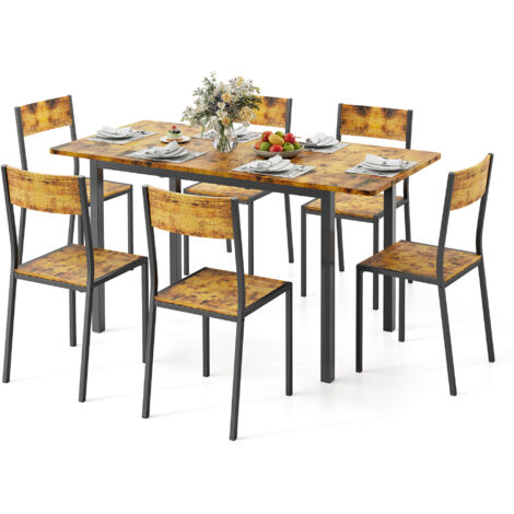Conjunto de Mesa y 6 Sillas Bealife con 1 Mesa de Comedor Retráctil con Estructura Metálica para Salón Comedor Cocina Vintage 140 x 70 x 77 cm