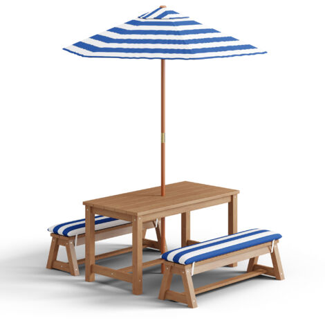Conjunto de Mesa y Sillas de Jardín Infantiles Bealife en Madera de Cedro con Sombrilla y Cojines Extraíbles Azul