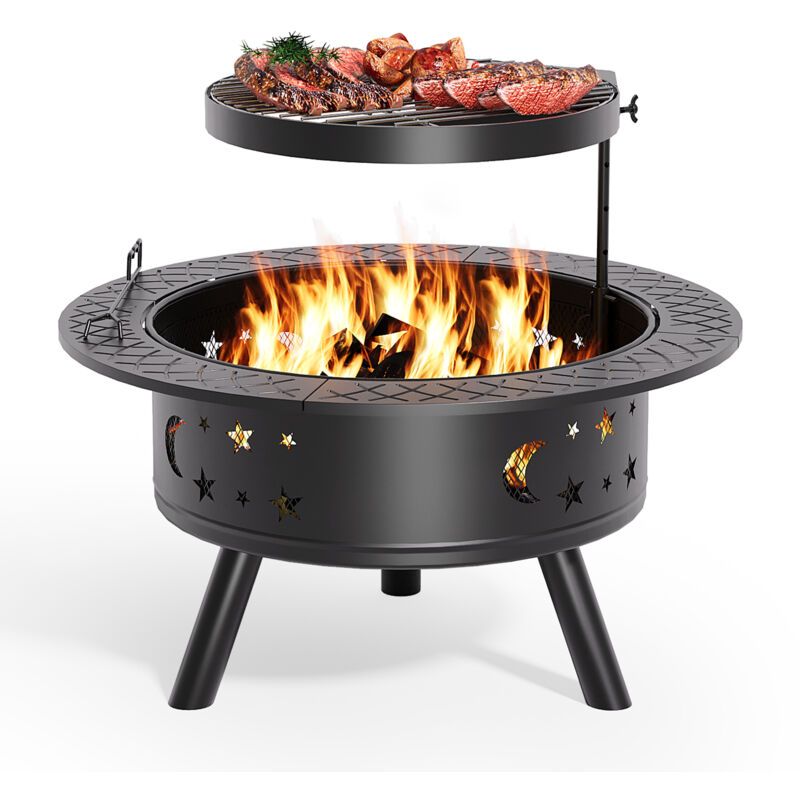 Outsunny Braciere Da Giardino Con Coperchio Parascintille E Griglia Pe Barbecue In Metallo 76x76x47cm Nero - Foto 6