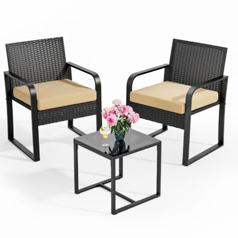 Set da Giardino Bealife 2 Posti Set Tavolo e Sedie da Giardino in Acciaio con Cuscino Tavolo in Vetro Temperato Insieme di Mobili per Patio, Giardino e Esterno