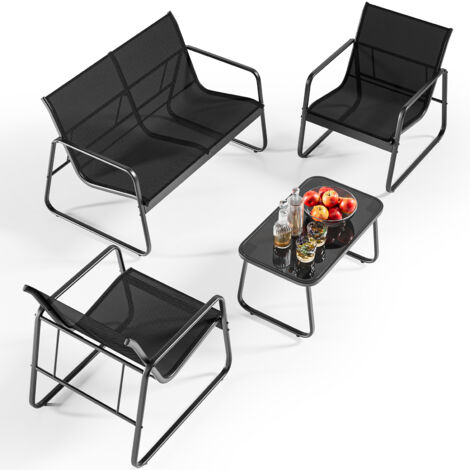 Set da Giardino Bealife 4 Posti Set Tavolo e Sedie da Giardino in Acciaio e Textilène Tavolo in Vetro Temperato Insieme di Mobili per Patio, Giardino e Esterno