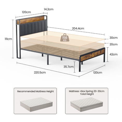 Struttura letto matrimoniale 140x200 cm, letto a piattaforma con telaio metallico industriale con testiera in legno, doghe in metallo, portata 360 kg | Leroy Merlin
