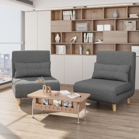 Poltrona Letto Convertibile 3 In 1 Singola Con Cuscino E Tasca - Divano, Sedia A SDraio, Letto - Tessuto Lino Grigio Scuro
