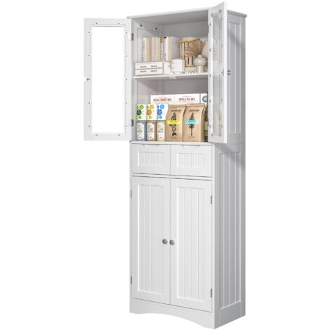 Bealife Buffet Cucina Armadio Alto 170 cm Mobilio Cucina con 4 Ante in Vetro Visibile, 2 Cassetti e Ripiano Regolabile