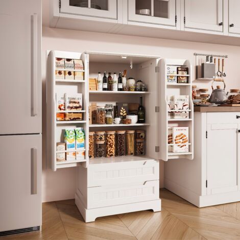 Credenza Alta in Rattan con 6 Ante e Cassetto Centrale Aperto, Bianco | Italy