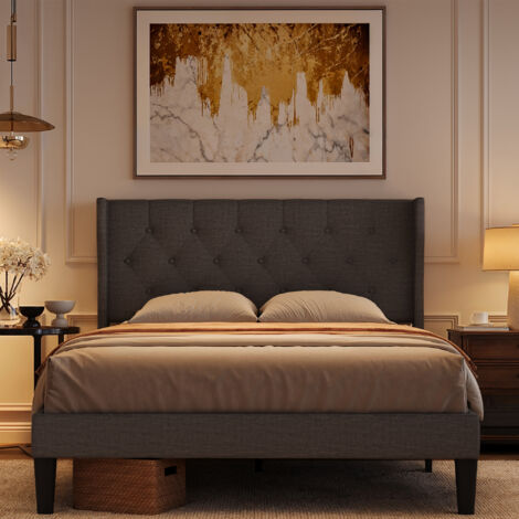 Letto Matrimoniale Imbottito 140 x 200 cm Bealife con Rete a Doghe in Legno di Abete Struttura Semplice Cassetto da 20 cm Grigio Scuro