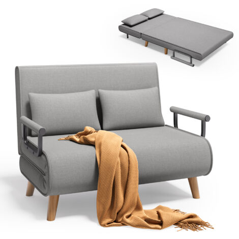 Bealife Poltrona Convertibile 2 Posti Divano Letto Modulabile Chaise Longue 2 Cuscini Piedi in Legno Regolabile Pieghevole Grigio