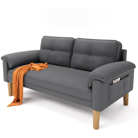 Canapé 2 Posti Bealife Divano Scandinavo in Tessuto e Legno con 2 Cuscini e 2 Braccioli per Salone o Camera 144x77x77 cm