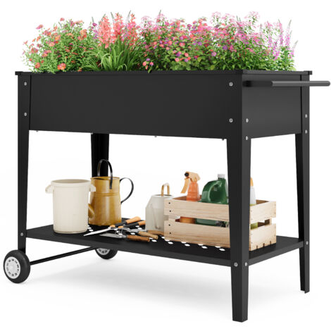 Bealife Cassette Rialzate 80 cm con 2 Ruote, Scaffale, Maniglia Laterale, Fori di Drenaggio in Acciaio Anti-Rossa Nero