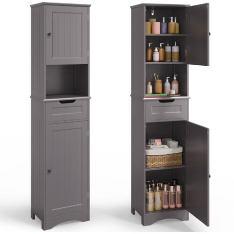 Mobile Colonna da Bagno Bealife Mobili bagno su Piedi Armadio Alto 2 Porte 1 Cassetto 5 Parate Regolabili Grigio