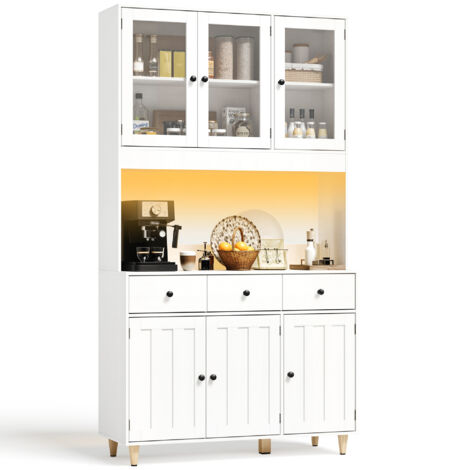 Credenza Bealife Buffet Alto per Cucina Armadio di Organizzo Altezza 180 cm Mobilio da Cucina Piani Regolabili 3 Porte in Vetro 3 Cassetto