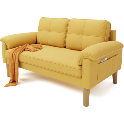 Divano 2 Posti Bealife con 2 Cuscini per lo Schienale e 2 Cuscini per i Braccioli Rivestimento in Tessuto Struttura in Legno Scandinavo per Soggiorno e Camera da Letto 144 x 77 x 77 cm Giallo