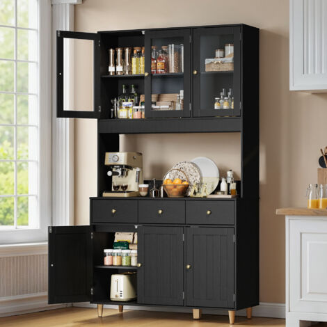 Armadio con piano di lavoro, armadietto a buffet con LED, credenza alta, Armadio per alimenti di grande capacità a 6 ante, 100x38x180cm,Nero