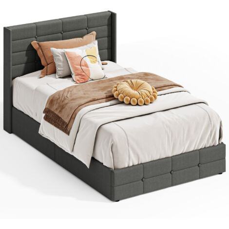 Letto Singolo Imbottito con Contenitore Bealife 120 x 200 cm con Sistema di Stoccaggio Idraulico Testiera Imbottita Doghe in Legno Struttura in Metallo Grigio Scuro (1/5)