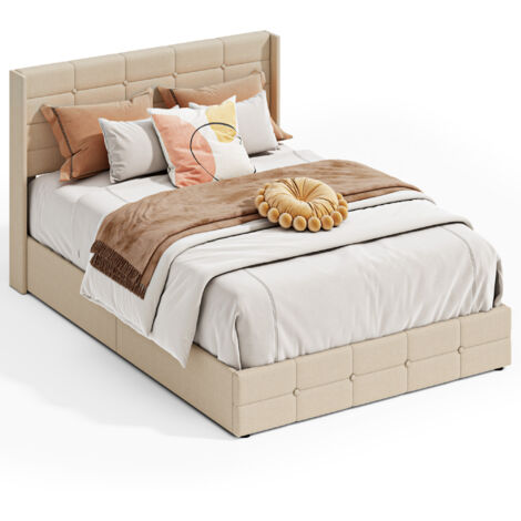 Letto Matrimoniale Imbottito 140 x 200 cm Bealife con Contenitore Idraulico e Testiera Doghe in Legno e Struttura in Metallo Beige (1/5)