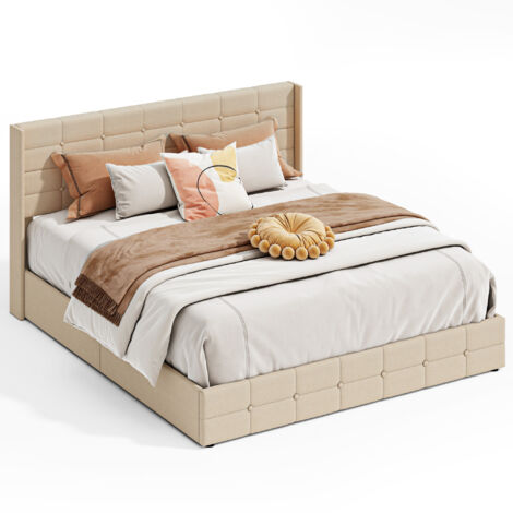 Letto Matrimoniale Imbottito 180 x 200 cm Bealife con Contenitore Idraulico e Testiera Doghe in Legno e Struttura in Metallo Beige