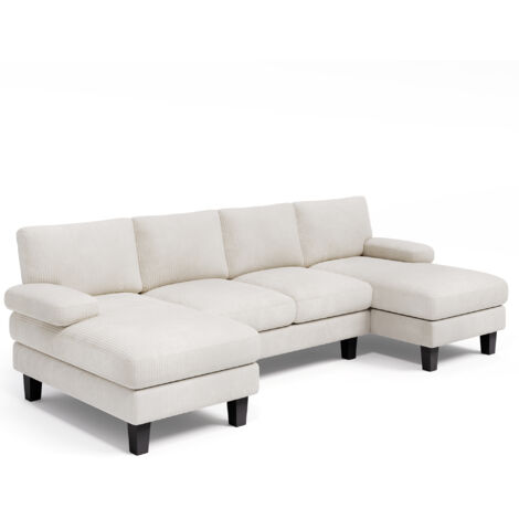 Divani Angolari a U Bealife a 4 Posti in Velluto a Coste con 2 Chaise Longue 2 Cuscini per Braccioli e 4 Cuscini Telaio in Metallo e Legno per lo Schienale per Soggiorno 271 x 122 x 86 cm Beige