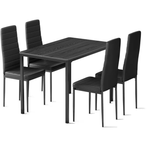 Set da Pranzo de 4 Sedie Bealife con 1 Tavolo 110 x 70 x 76 cm e 4 Sedie in Pelle con Struttura in Metallo Nero