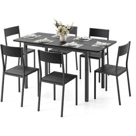 Set da Pranzo Bealife con 6 Sedie e 1 Tavolo Allungabile con struttura in Metallo Adatto a Soggiorno Sala da Pranzo Cucina Nero 140 x 70 x 77 cm