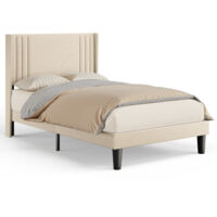 Bealife Letto Singolo Imbottito 120x200 con Testiera, Tessuto Lino, in Legno e Metallo, Letto Ragazzi Grigio Scuro - Design Moderno Beige Naturale
