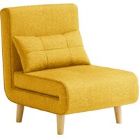 Poltrona Trasformabile Bealife Divano Singolo Pieghevole con Schienale Regolabile in 6 Posizioni Tessuto in Lino Gambe in Legno Adatta a Soggiorni Studi e Camere da Letto 72x180x25,4 cm Giallo Sole