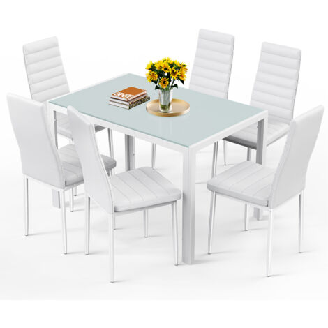 Bealife Esstisch-Set mit 6 Stühlen – 1 Sicherheitsglas-Tisch und PU-Leder-Stühle mit Metallgestell & weißen Gummifüßen
