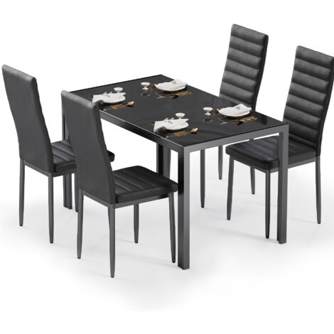 Bealife Esstisch-Set mit 4 Stühlen – Tisch aus Sicherheitsglas & PU-Kunstleder-Stühle mit Metallgestell und Gummifüßen in Schwarz