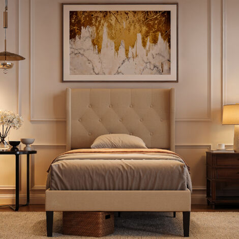 Bealife Bett 90 x 200 cm mit einfachem Gestell, gepolstertem Rahmen, Fichtenholzlatten und 20 cm Stauraum in Beige