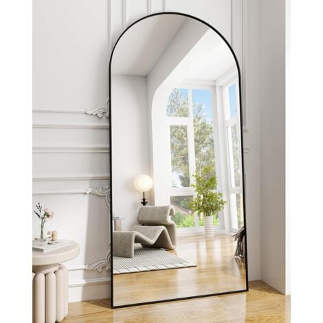 Koonmi Miroir sur pied avec haut bombé, 180 x 76 cm Miroir bombé en verre robuste, miroir mural pour tout le corps, à poser sur le mur ou à placer librement avec des soutiens, Noir