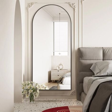 Koonmi Miroir sur pied avec haut bombé, 180 x 76 cm Miroir bombé en verre robuste, miroir mural pour tout le corps, à poser sur le mur ou à placer librement avec des soutiens, Noir