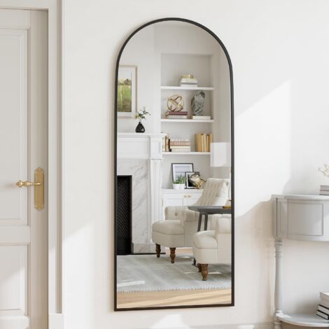 Koonmi Miroir sur pied avec haut bombé, 180 x 76 cm Miroir bombé en verre robuste, miroir mural pour tout le corps, à poser sur le mur ou à placer librement avec des soutiens, Noir