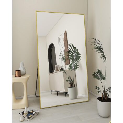 Koonmi Miroir sur pied, 180 x 76 cm, miroir robuste pour tout le corps avec cadre minimaliste en aluminium, grand miroir mural moderne à poser ou à suspendre pour le salon et la chambre, Or