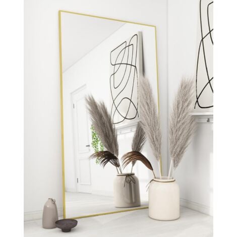 Koonmi Miroir sur pied, 180 x 76 cm, miroir robuste pour tout le corps avec cadre minimaliste en aluminium, grand miroir mural moderne à poser ou à suspendre pour le salon et la chambre, Or