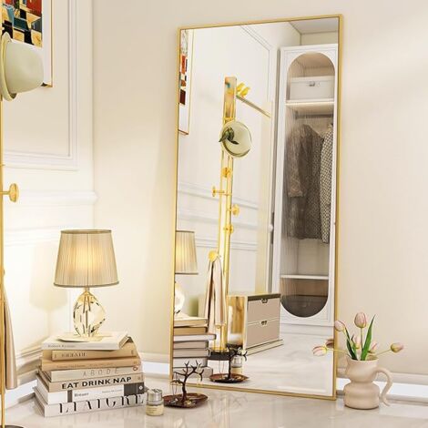 Koonmi Miroir sur pied, 180 x 76 cm, miroir robuste pour tout le corps avec cadre minimaliste en aluminium, grand miroir mural moderne à poser ou à suspendre pour le salon et la chambre, Or