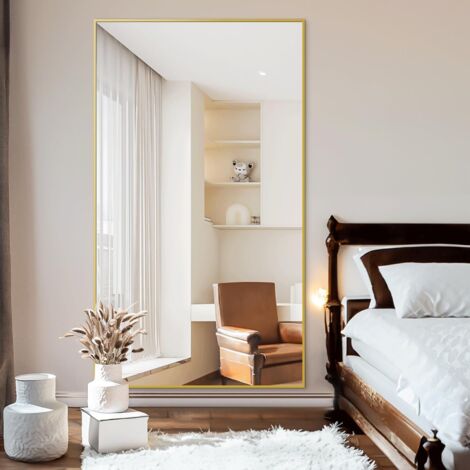 Koonmi Miroir sur pied, 180 x 76 cm, miroir robuste pour tout le corps avec cadre minimaliste en aluminium, grand miroir mural moderne à poser ou à suspendre pour le salon et la chambre, Or