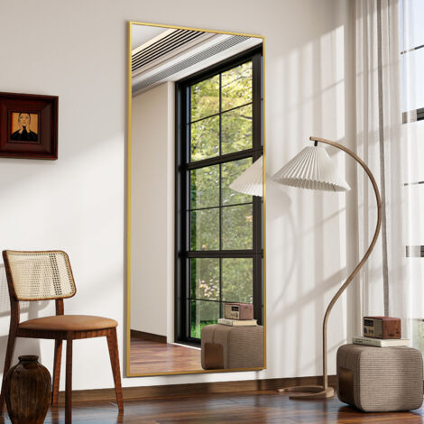 Koonmi – Miroir sur pied 165x60 cm – Cadre aluminium doré – Verre technique résistant – Support U pour installation murale ou debout