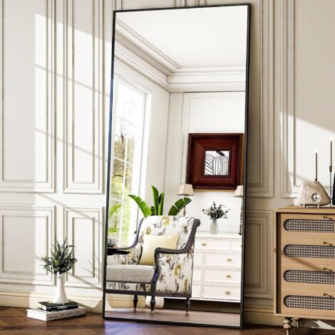 Koonmi – Miroir sur pied 198 x 89 cm – Cadre en aluminium noir minimaliste – Grand miroir mural moderne à poser ou suspendre – Pour salon et chambre