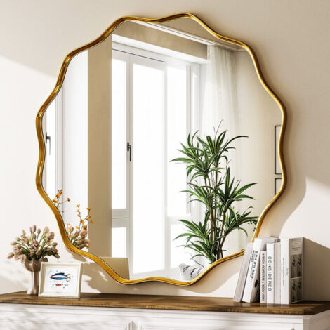 Koonmi Miroir Rond 106 cm – Miroir De Salle De Bain Aux Bords Ondulés – Doré