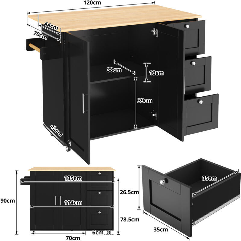 Carrello Da Cucina UISEBRT 115x36x90 Cm In MDF Nero | Con Cassetto, Armadio, Portasciugamani E Portaspezie