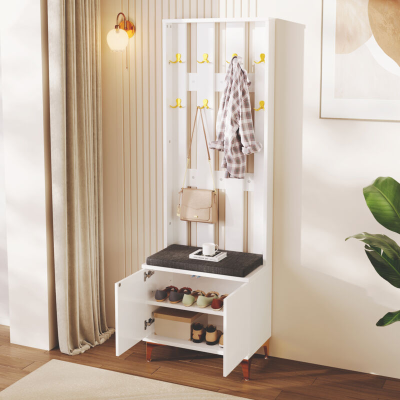 Appendiabiti Ingresso Con Panca Scarpiera HOOBRO – 6 Ganci, 8 Scomparti E Ripiani Regolabili, Stile Rustico Bianco, Per Corridoi Piccoli