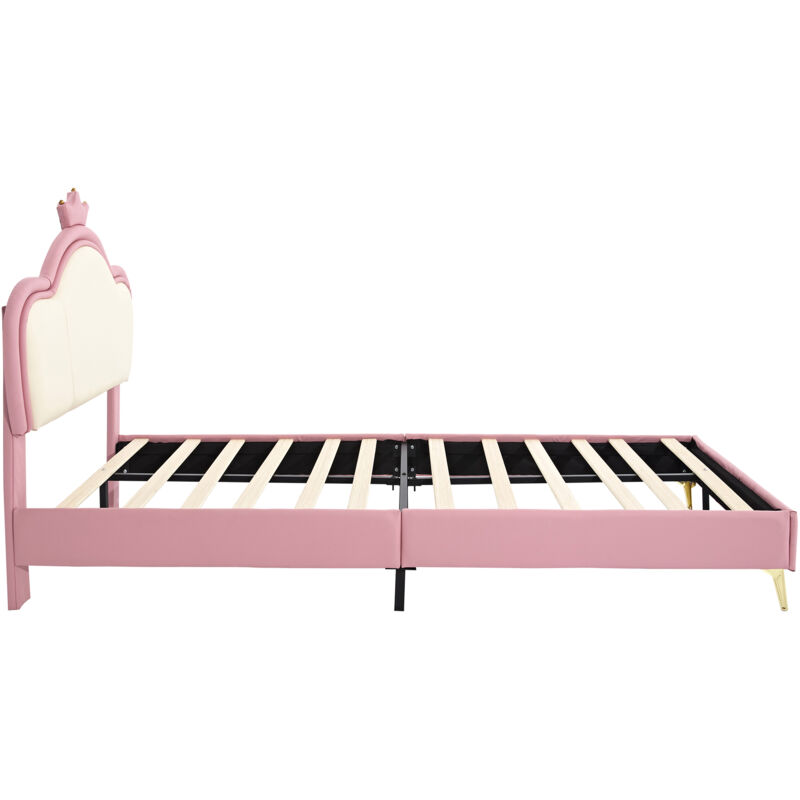 Lettino Singolo A Forma Di Corona Con Luci LED Rosa Per Bambine - Letto A Nuvola 90x200 Cm In PU, Senza Materasso - 5