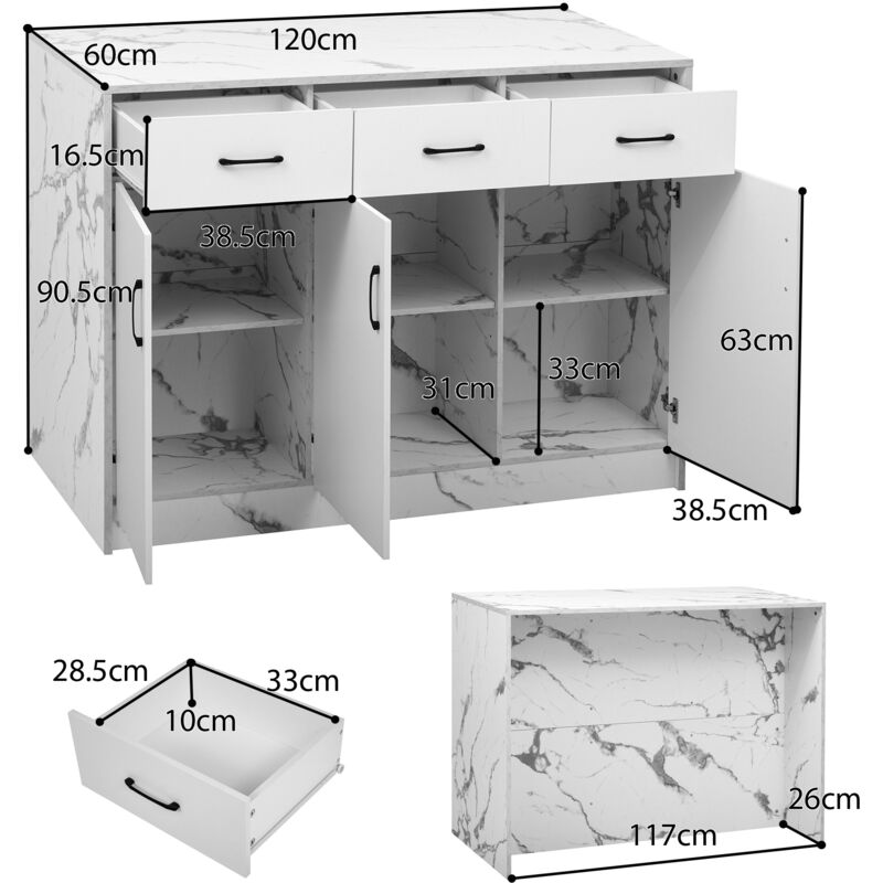 Keyluv Armadietto Buffet Bianco 130x39x80 Cm - Credenza Con 3 Cassetti E 3 Ante, Ripiani Regolabili, Maniglie Oro