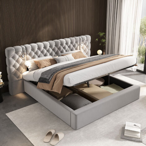 Letto contenitore per adulti 180 x 200 cm, letto matrimoniale con LED, grande testiera e doghe, tessuto in velluto, grigio