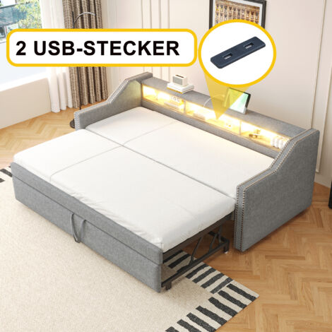 Letti singoli 90 (180) x 190 cm con letti estraibile, divano letti, letti per bambini/adulti con LED e USB, comodino con vano contenitore, lino, senza materasso, grigio chiaro