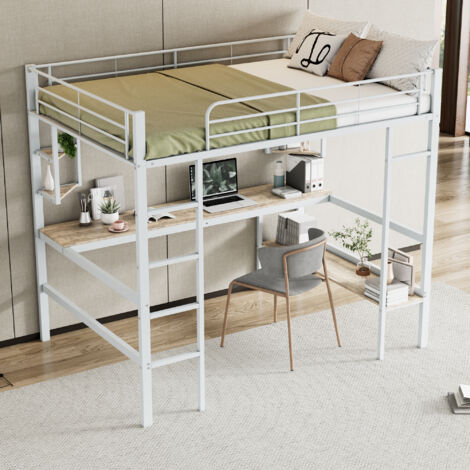 Letto soppalco per adulti 140x200 cm con 4 scaffali di stoccaggio e 1 scrivania, metallo, bianco