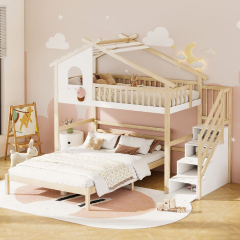 Letto A Castello 140x200 Cm In Legno Di Pino Bianco, Con Scala A Scomparti E Griglia Di Protezione, Multifunzionale E Salvaspazio