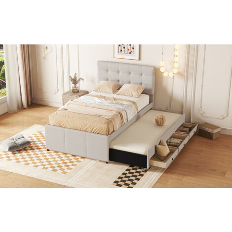 Letti estraibile 90x200 cm (90x190 cm), letti singoli, letti bambino/adulto, con tre cassetti e testiera regolabile, lino, senza materasso, beige